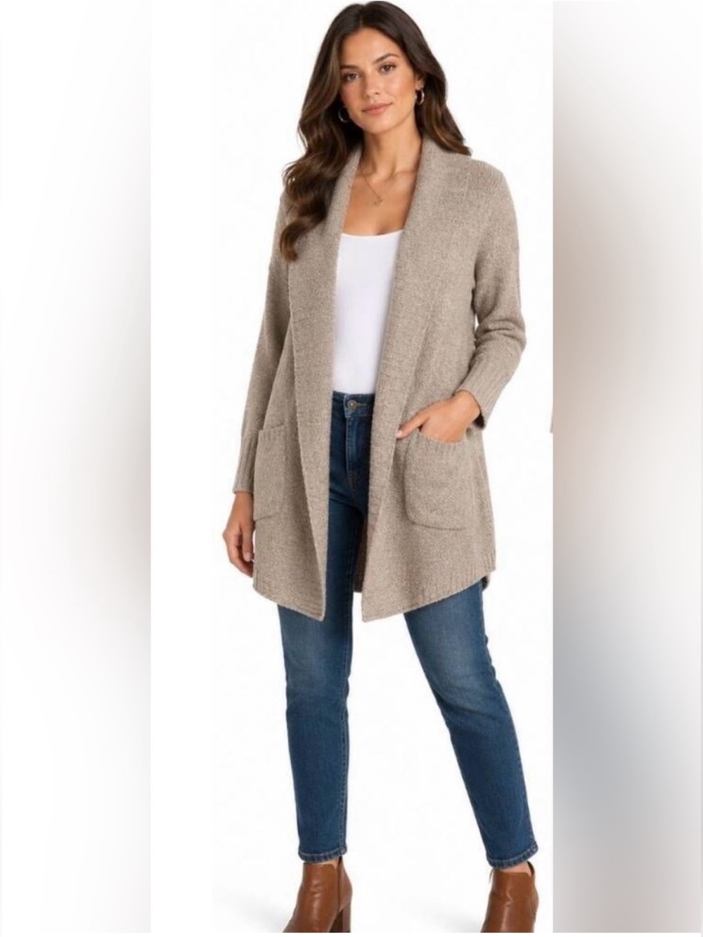 Cupcakes and Cashmere Open Cardigan Sweater Size Small SOFT Pockets Beige Tan